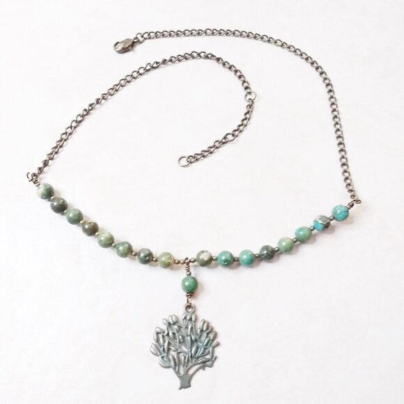 Dark Green Jasper Beaded "Tree of Life" Necklace Choker 16-18" - Forest Magic - Picture 1 of 6